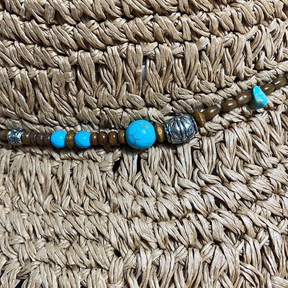 Sun ‘n’ Sand Tan Braided Straw floppy Hat With Turquoise Beaded Ribbon One Size - Picture 5 of 9